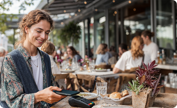 A woman making a payment with a cellphone