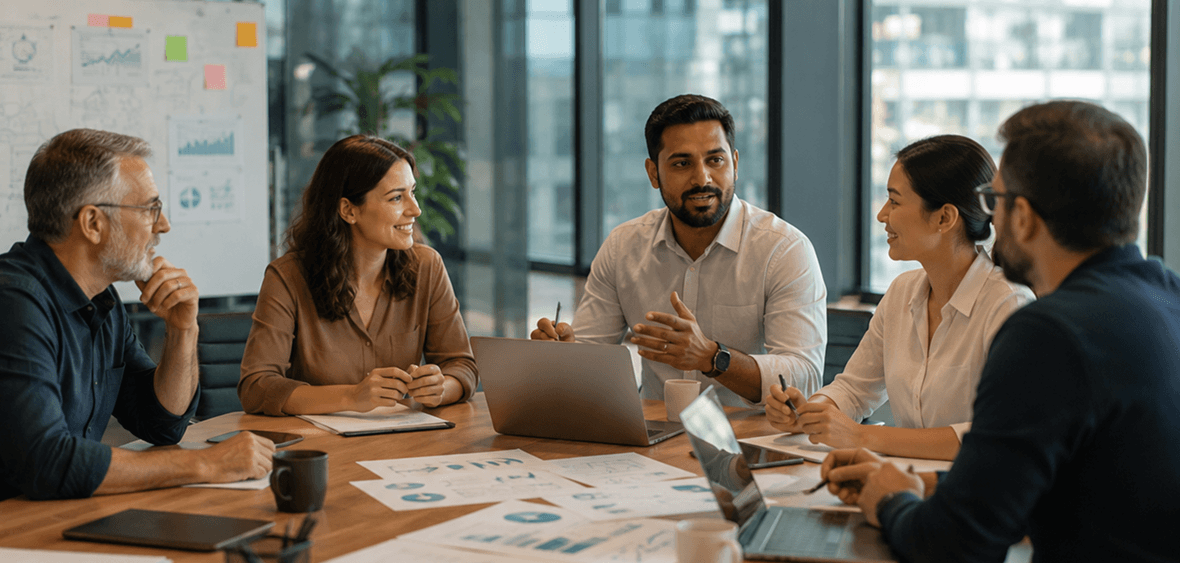 SKUx team collaborating around a conference table